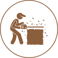 Person cutting hedge with chainsaw icon.