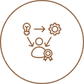 Person with lightbulb, gear, and certificate icons.