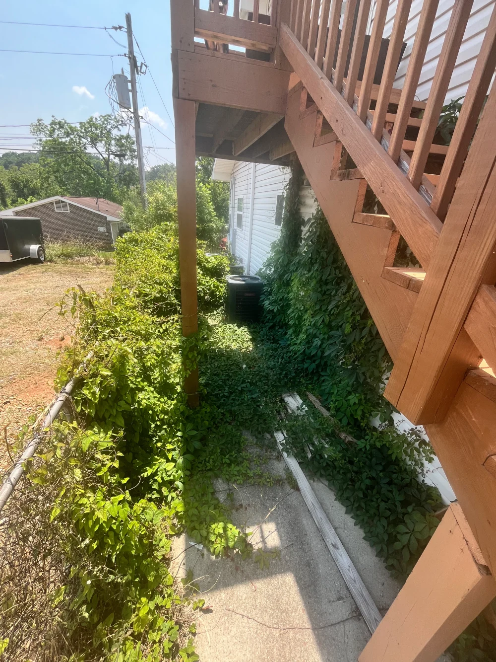 View beneath a wooden staircase with plants and a concrete path.